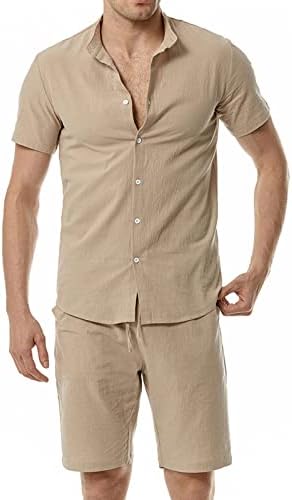 RbCulf Erkek Kısa Kollu Gömlek Şort 2 ADET Set Yaz Moda Katı Pamuk Keten Standı Yaka Bluz Tops Kısa takım elbise