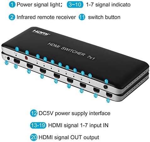 Univivi 7 Port HDMI anahtarı Sürüm 2.0 4K@60Hz HDMI Switcher Desteği HDR ve HDCP 2.2, Full HD/3D IR Kablosuz Uzaktan