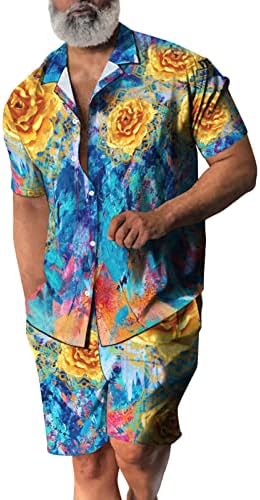 Erkek Kısa Kollu Bluz Üstleri Şort 2 ADET Set Moda 3D Baskılı Düğme Yaka Gömlek Hırka plaj pantolonları Kıyafetler