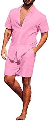 Erkek havai gömleği Setleri Düz Renk Casual Düğme Aşağı Gömlek ve Gevşek Şort 2 Parça Yaz Plaj Kıyafetleri Setleri