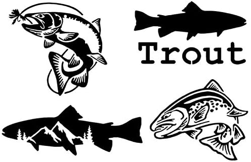 Alabalık Balıkçılık Çıkartması 4'lü Paket: Sinek için Alabalık Atlama, Alabalık, Dağlı Alabalık, Alabalık Atlama (Siyah,