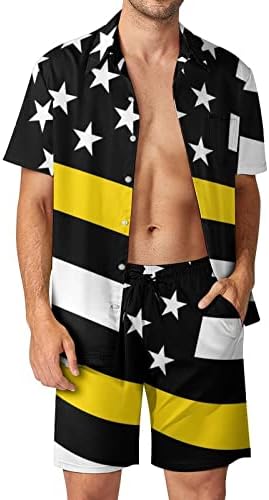 ABD İnce Sarı Çizgi Bayrağı erkek 2 Parça Plaj Kıyafetleri Hawaiian Düğme Aşağı Kısa Kollu Gömlek ve Şort Takım Elbise