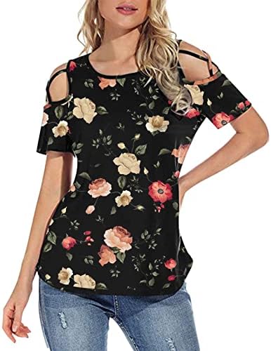Bayan Kelebek Çiçek Baskı Gömlek Ekip Boyun Üst T Shirt Straplez Kayma Kısa Kollu Soğuk Omuz Casual Gömlek