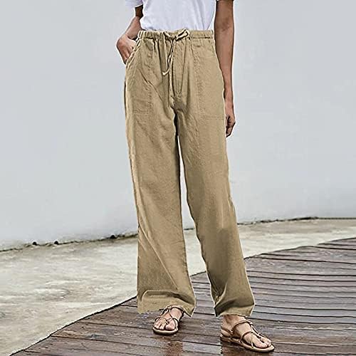 HDZWW Keten Katı Cepler ıle Elastik Bel Pantolon Kadın Iş Uzun Yaz Pantolon Düz Bacak Nefes Düzenli
