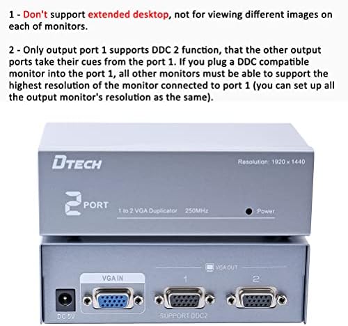 DTECH 2 Yollu Powered VGA Splitter Amplifikatör Kutusu Yüksek Çözünürlüklü 1080 p SVGA Video 1 in 2 Out 250 Mhz için