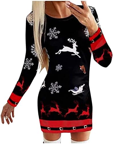 Noel Bayanlar Bodycon Elbiseler Kadınlar için Geyik Kar Tanesi Baskı Uzun Kazak Elbise Rahat Uzun Kollu Tunik Jumper