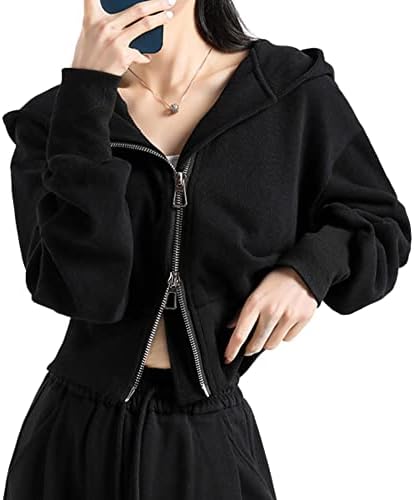 Xunger kadın Rahat kısa kapşonlu üst Çift Fermuarlı Tişörtü Kapşonlu Boyun Uzun Kollu Ceket