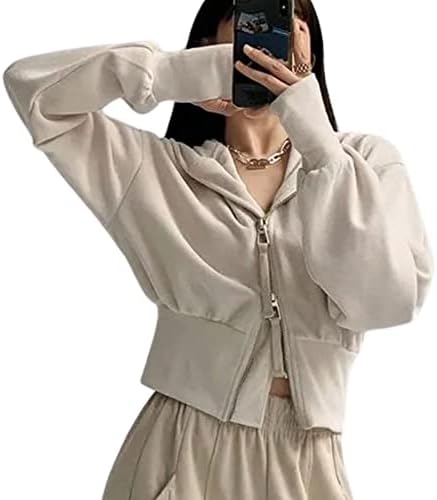 Xunger kadın Rahat kısa kapşonlu üst Çift Fermuarlı Tişörtü Kapşonlu Boyun Uzun Kollu Ceket