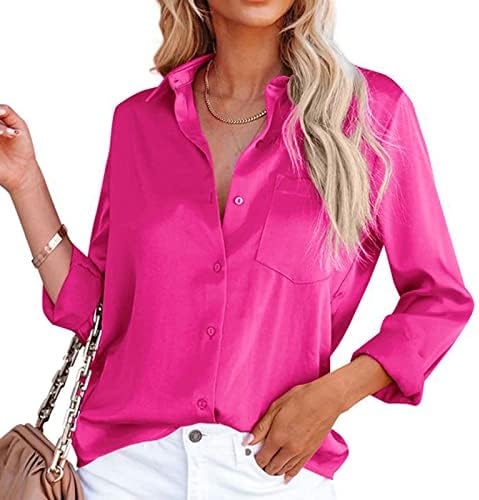 Bayan Şık Casual Tops, kadın V Boyun Düğme Aşağı Gömlek Moda Saten Rahat Gömlek Katı Uzun Kollu Cep Bluz