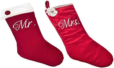 HL Ev Kırmızı Mrs Çorap Ve Mr Santa Çorap Noel Mantel Dekorasyon Uzunluğu 19.5 ' Uzunluk 2 Set İnci Taklidi Kırpma,