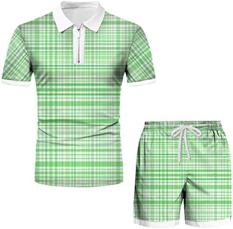 XXBR Erkek Yaz 2 Parça Setleri Ekose Baskı Kısa Kollu Zip Polo golf gömlekleri şort takımı Rahat Fit spor kıyafeti