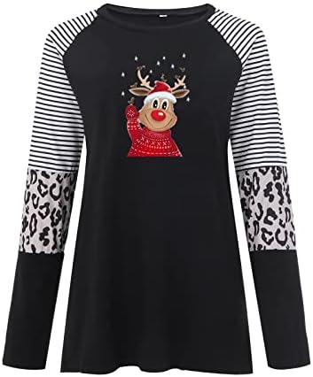 Kadın Noel Geyik Baskı Baskı Rahat O Boyun Leopar Çizgili Ekleme Uzun Kollu Üst T Shirt Kadın Üstleri Gömlek Bluz