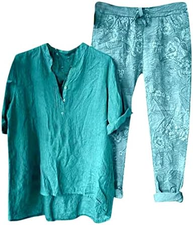 2 Parça Kıyafetler Kadınlar için Yaz Rahat Pamuk Keten Rahat Gevşek Fit Vintage Tees ve Pantolon Setleri Kısa Kollu