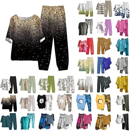 2 Parça yaz kıyafetleri Kadınlar için Rahat Pamuk Keten Rahat Gevşek Fit Vintage Tshirt ve Pantolon Setleri Kısa Kollu