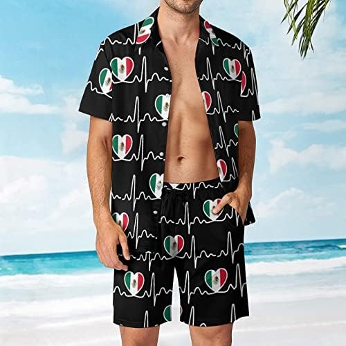 Meksika Bayrağı Kalp Atışı erkek 2 Parça Plaj Kıyafetleri Hawaiian Düğme Aşağı Kısa Kollu Gömlek ve Şort Takım Elbise