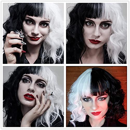 Mildiso Cruella Peruk Siyah ve beyaz Peruk Cruella Deville Kostüm Kadınlar için Kısa Kıvırcık Dalgalı Saç kahküllü