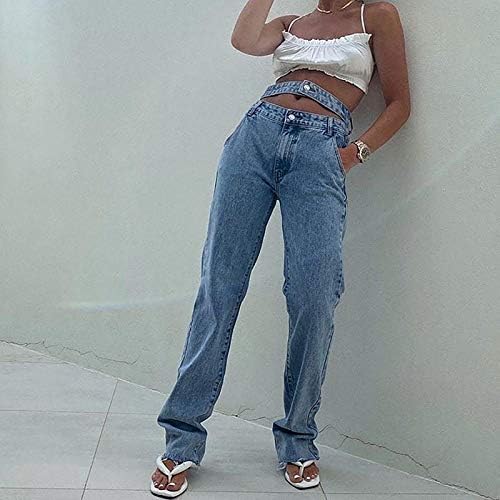 LARIAU Kadınlar ıçin Yüksek Belli Kot Zincir Püskül Düz Düz Artı Boyutu Skinny Jeans Pantolon Pantolon