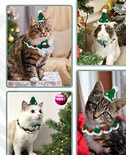 Lewondr Kedi Noel Baba Şapkası Yakalı Örme Noel Kostüm Seti Kedi Giydirme Yün Şapka Evcil Hayvan Noel Kostüm Kıyafet