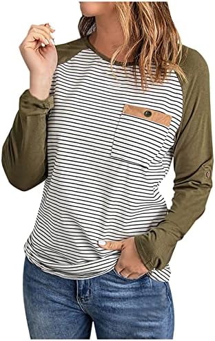 Kadın Şık Casual Tunik Üstleri Katı Raglan Uzun Kollu Çizgili Tee Gömlek İnce Fanilalar Bluzlar Büstü Cebi ile