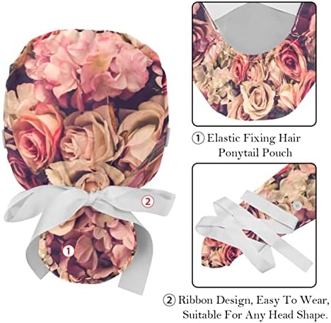 Düğmeli Kadınlar için Tıbbi Kapaklar Uzun Saç, 6 Parça Ayarlanabilir Çalışma Kapağı, Kiraz Çiçeği Eyfel Kulesi