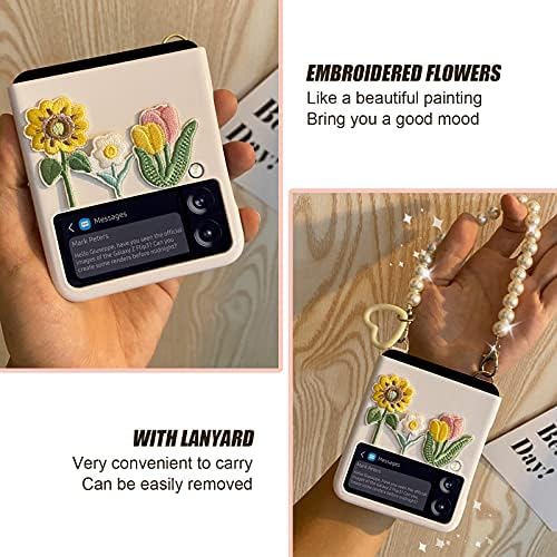 Bimmid Galaxy Z Flip 4 Kılıf, Kadınlar için kordon ve işlemeli Çiçekler ile Sevimli Z Flip 4 Kılıf, Samsung Galaxy