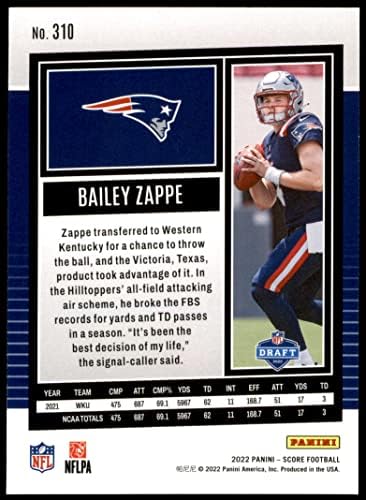 2022 Puanı 310 Bailey Zappe New England Patriots (Futbol Kartı) NM / MT Patriots