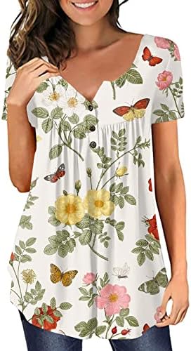 Retro Desen Tunik Üstleri Kadınlar için Gevşek Fit Karın Gizleme Tshirt Yaz Rahat Kısa Kollu Düğme Yukarı V Yaka Bluzlar