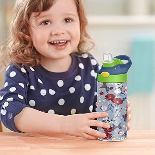 Kigai Kelebek Çiçekler Çocuklar Su Şişesi, BPA İçermeyen Vakum Yalıtımlı Paslanmaz Çelik Su Şişesi, Hasır Kapaklı