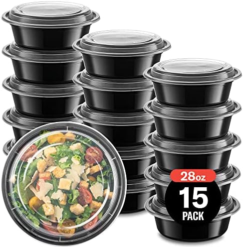 15'li Paket yemek hazırlama Plastik Mikrodalgada Yemek Kapları Kapaklı yemek hazırlamak için kaseler (28 oz.) Siyah