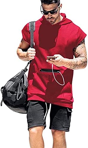 Erkek kolsuz kapüşonlu üst Stringer Spor Vücut Geliştirme Egzersiz Kapşonlu Tank Tops Cep ile
