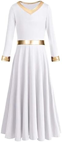 PAOTİT Kızlar Metalik Renk V Boyun Liturjik Övgü Dans Elbise Uzun Kollu Elbise Lirik Praisewear Kilise Elbise Elbise