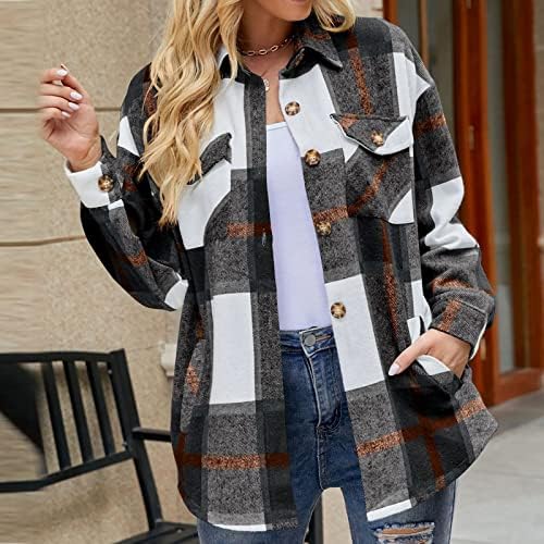 Kadın Fırçalanmış Ekose Ceket Ceket Rahat Artı Boyutu Yün Karışımı Düğme Yaka Gömlek Ceket Cepler ile