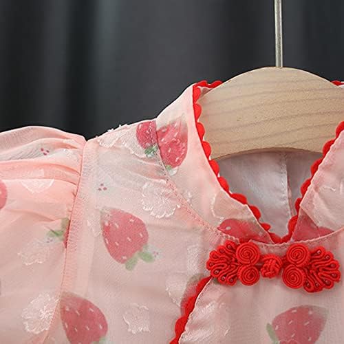 KAGAYD Kız Parti Elbise Toddler Kız Çocuk Sinek Kollu Çilek Baskılar Yaz Prenses Elbise Cheongsam çocuk Elbise Şapka