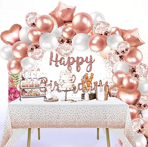 Gül Altın Doğum Günü Fotoğraf Backdrop Masa Örtüsü Seti Allık Pembe Çiçek Gül Altın Pırıltılar Kızlar Kadınlar Mutlu
