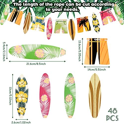 48 Parça Sörf Cupcake Toppers ve 2 Parça Sörf Doğum Günü Garlands Hawaii Banner Sörf Temalı Kek Dekorasyon için Yaz