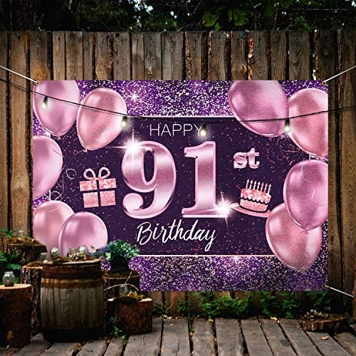 PAKBOOM Mutlu 91st Doğum Günü Afiş Zemin - 91 Doğum Günü Partisi Süslemeleri Malzemeleri Kadınlar için - Pembe Mor
